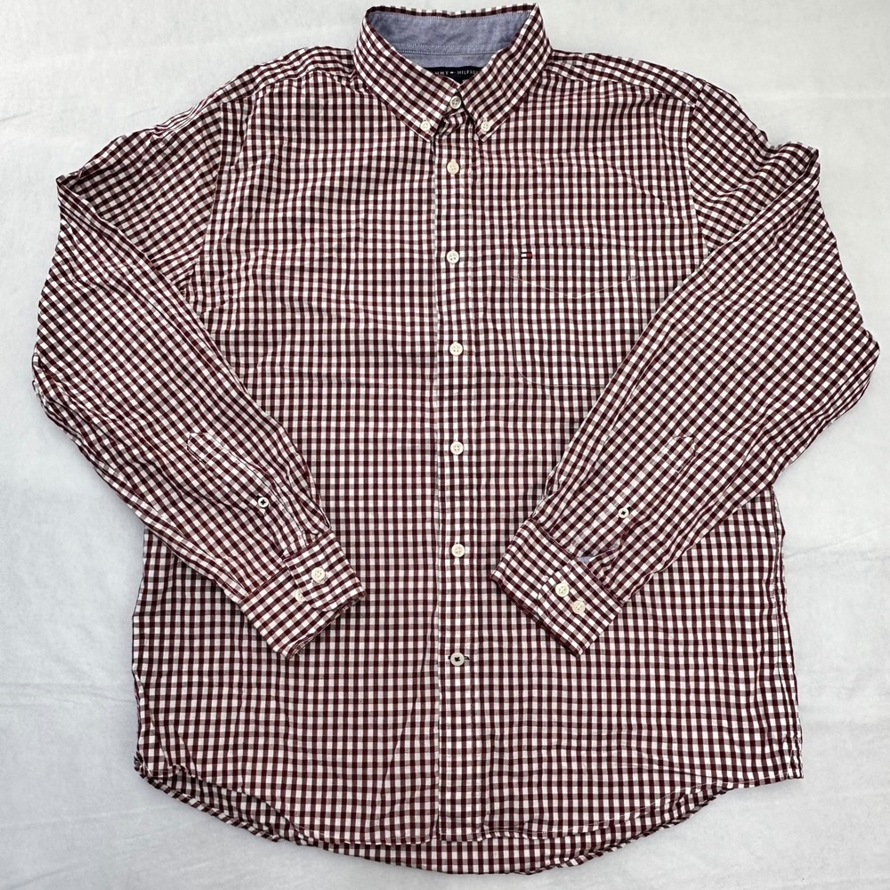 Tommy Hilfiger Mens‎ Classic Fit Gingham Button Down Shirt Burgundy White Large